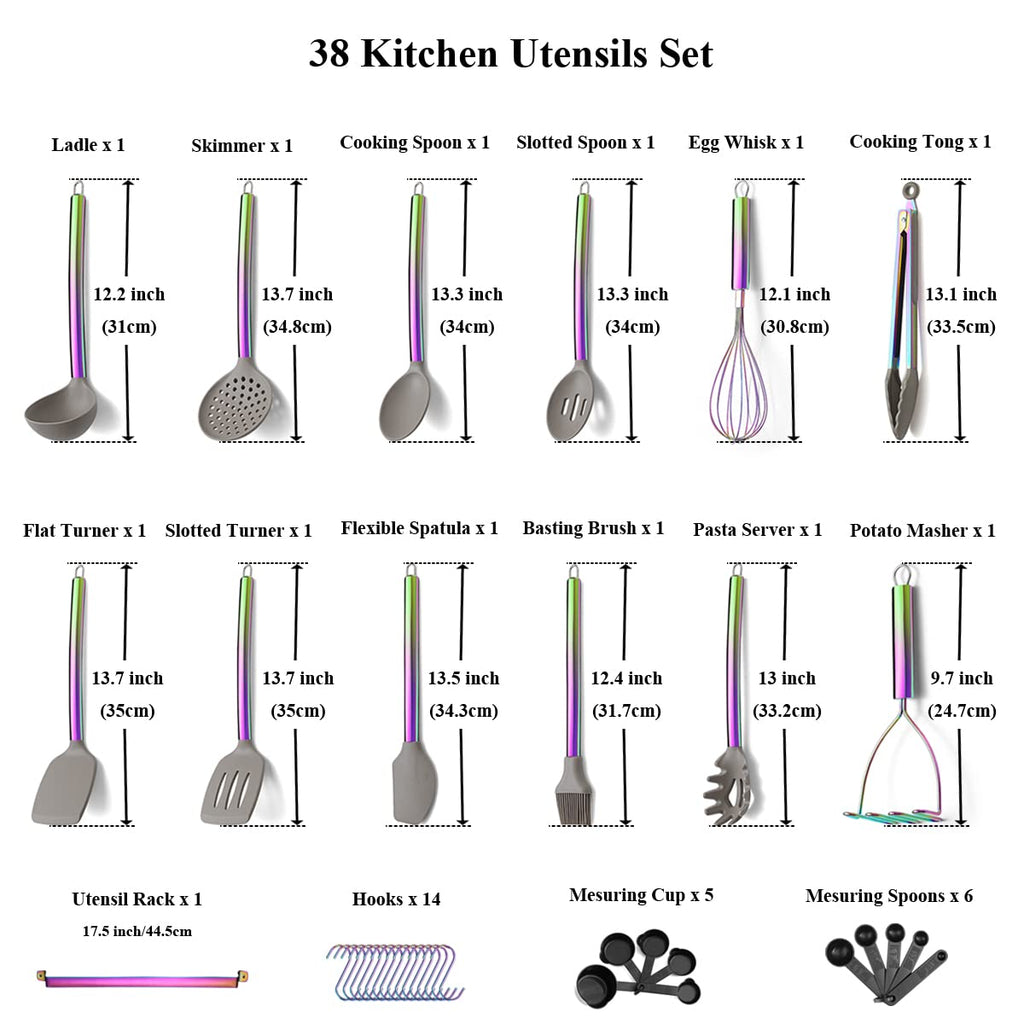 38 Piece Silicone kitchen Cooking Utensils Set with Utensil Rack, Silicone Head and Stainless Steel Handle Cookware, Kitchen Tools, Non-Stick kitchen Gadgets, Dishwasher Safe (Rainbow)