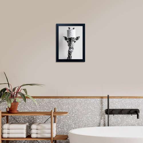 Giraffe Wall Art by Funny Bathroom Decor | Humorous Canvas Print with Toilet Paper Roll | Black & White Framed Artwork