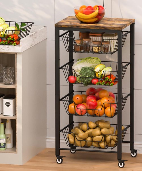 Tigerden Fruit Vegetable Storage Cart for Kitchen, 5-Tier Vegetable Stand Rack with Pull-Out Fruit Baskets, Rolling Snack Cart with Wood Top & Banana Holder for Pantry, Living Room, Bathroom, Black