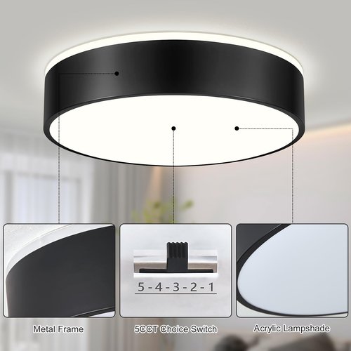 Goomavi Black Flush Mount Ceiling Lights, Modern Dimmable 5CCT Close to Lighting Fixture, 2700K-6000K LED Round Ceiling Lamp for Bedroom, Bathroom, Dining Room, Living Room-15.8in