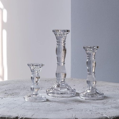 Clear Crystal Candle Stick Holders by [Brand Name] | 3-Pack for Taper Candles, Weddings & Parties