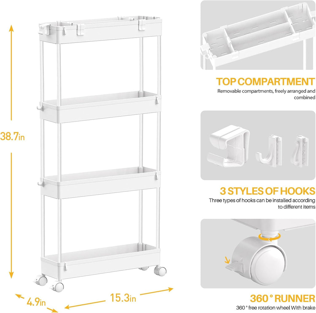 SPACELEAD Slim Storage Cart - 4-Tier Rolling Utility Organizer for Bathroom, Kitchen & Office - White