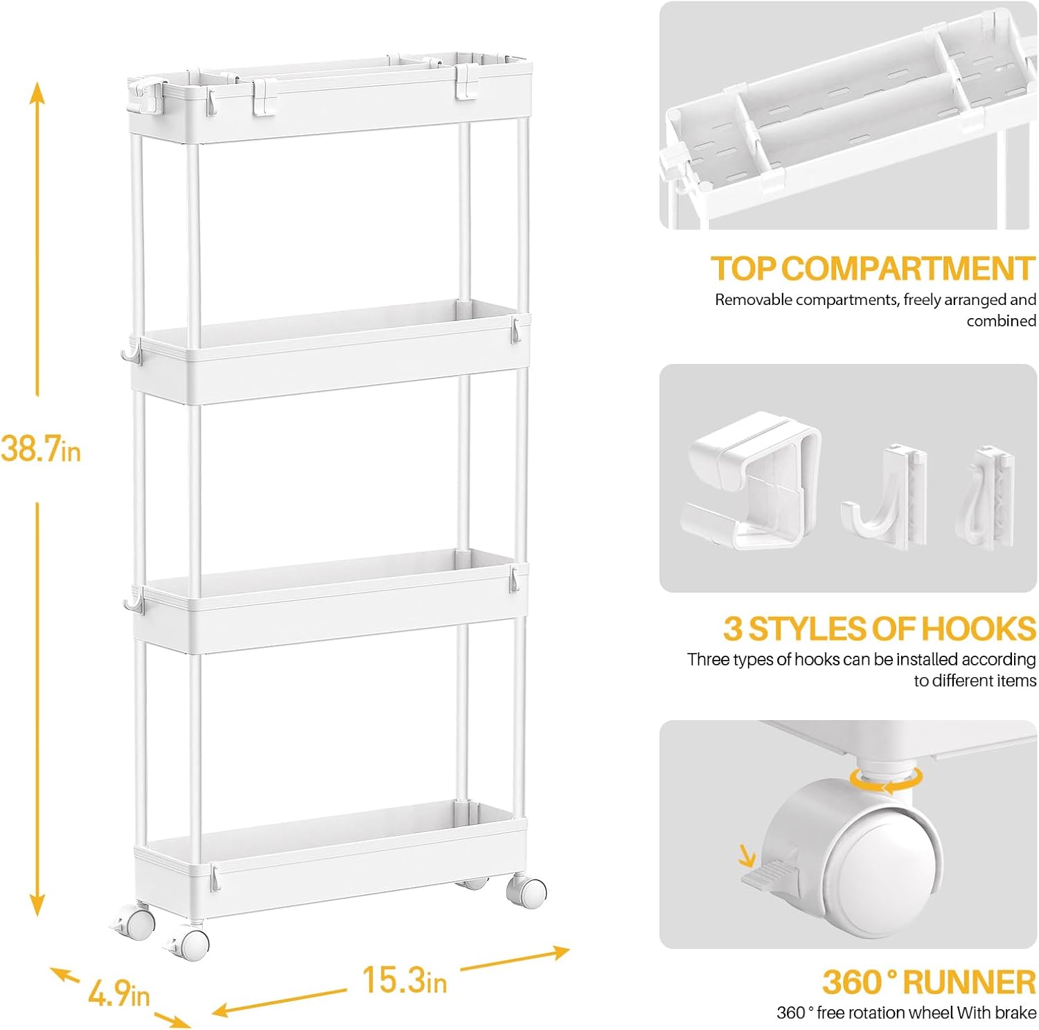 SPACELEAD Slim Storage Cart - 4-Tier Rolling Utility Organizer for Bathroom, Kitchen & Office - White