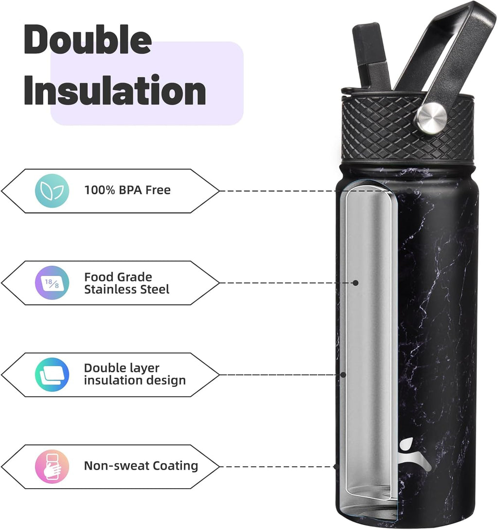 Skiennix 18 oz Insulated Stainless Steel Water Bottle - Marble Midnight | 3 Lids Included