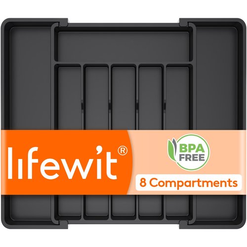 Lifewit Silverware Drawer Organizer, Expandable Utensil Tray for Kitchen, BPA Free Flatware and Cutlery Holder, Adjustable Plastic Storage for Spoons Forks Knives, 11-18 x 14", Black
