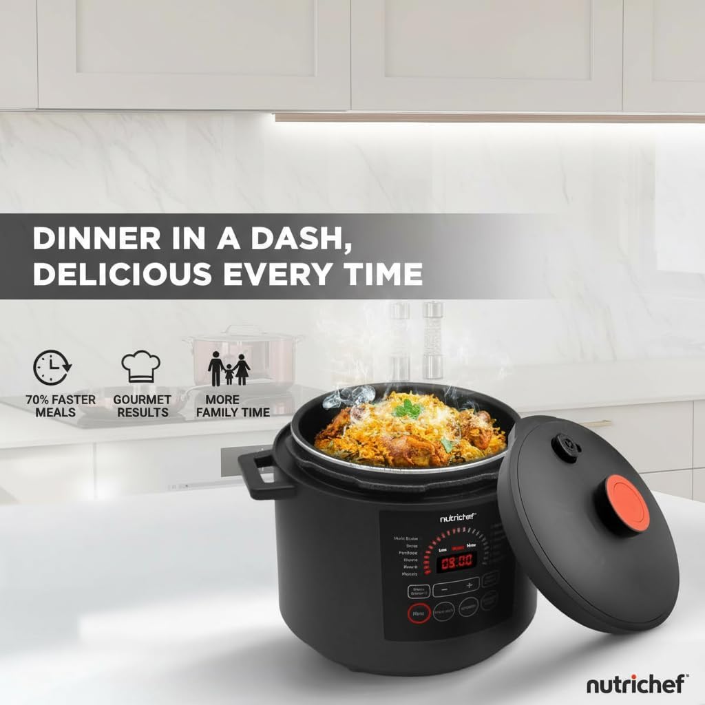 NutriChef Electric Pressure Cooker - 6 Quart Capacity | 9-in-1 Digital Functions | Adjustable Time & Temperature | Black Finish
