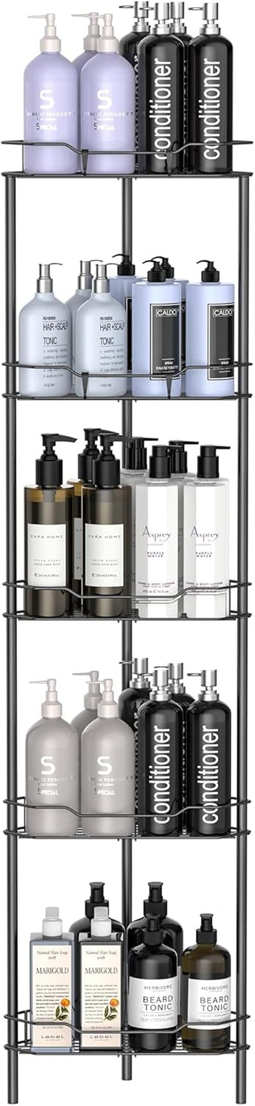 HuggieGems 5-Tier Corner Shower Caddy Organizer - Stylish Matt Black Bathroom Shelf with Hooks