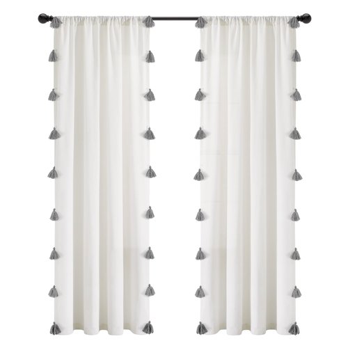Lush Decor Boho Faux Linen Texture Tassel Window Curtain Panel Single 52" W x 84" L White & White Curtains for Bedroom - Living Room Curtains