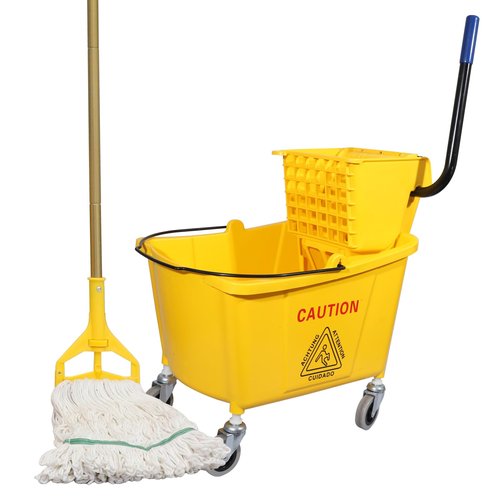Wajeehaa Commercial Mop Bucket with Side-Press Wringer for Floor Cleaning, 35 Quarts, Yellow, Including One Commercial Mop