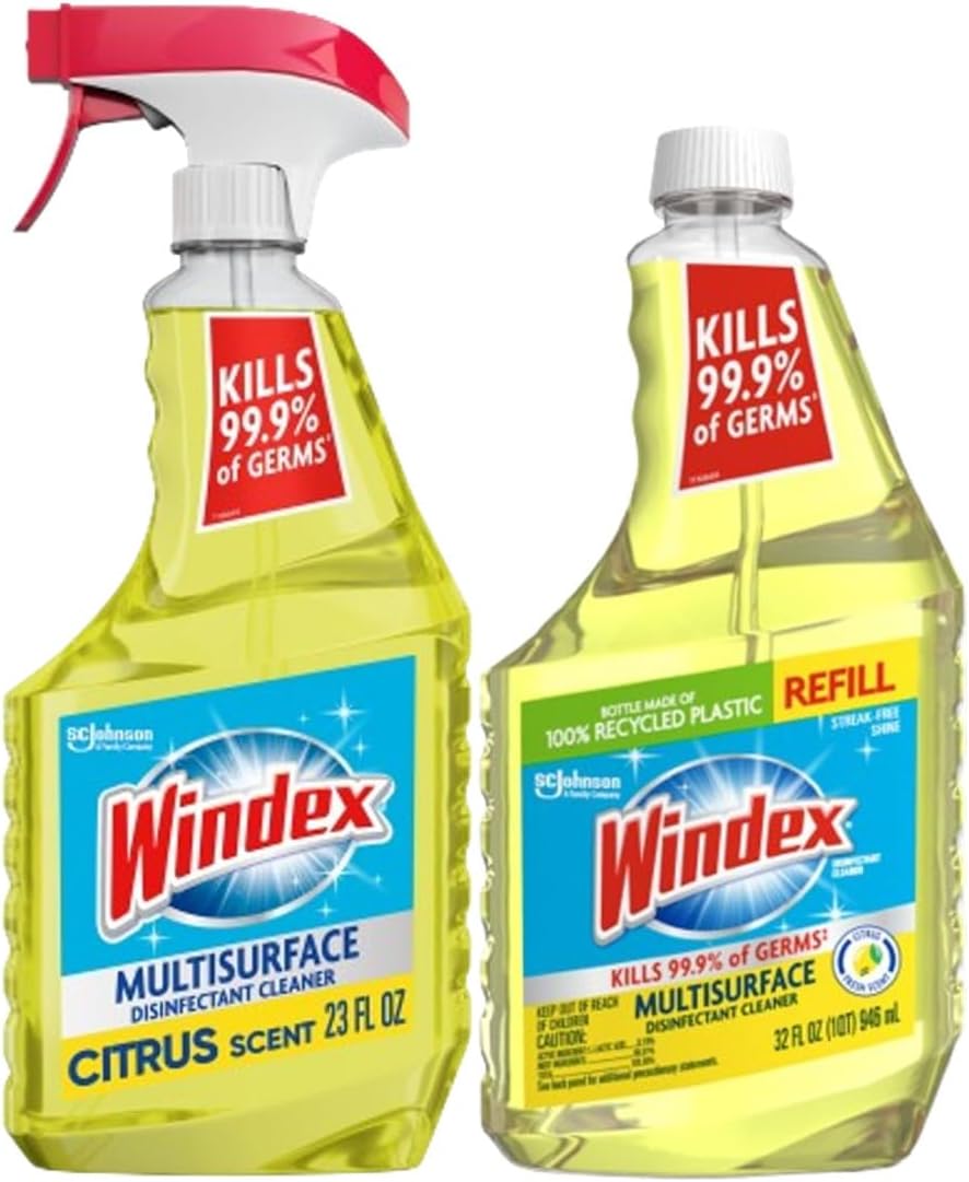Windex Multipurpose Disinfectant Cleaner - Citrus Fresh Scent | 23 oz Spray & 32 oz Refill Bundle