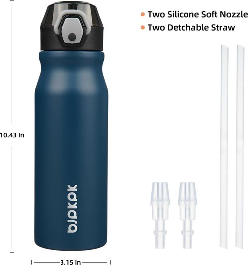 BJPKPK Insulated Water Bottle - 25oz Stainless Steel Flask with Straw & Leak-Proof Lid | Navy Blue