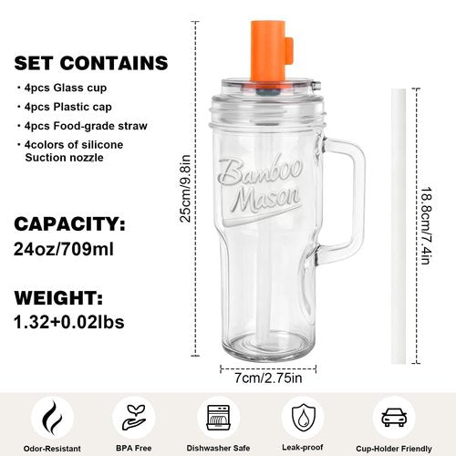 ANOTION Bamboo Mason Leakproof Mason Jar Cups with Lids and Straws, Cap Cup 24oz Glass Tumbler with Handle, Rotating Lid Silicone Straw, Reusable Iced Coffee Matcha Cup Coffee Gifts for Women 2pc