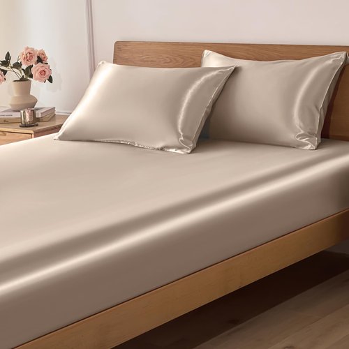 VACVELT 3-Piece Satin Fitted Sheet Set Queen Size, Beige Bottom Bed Sheet with 2 Pillowcases, Similar to Silk Sheets, Luxury & Silky Bedding Set, 15 Inch Deep Pocket