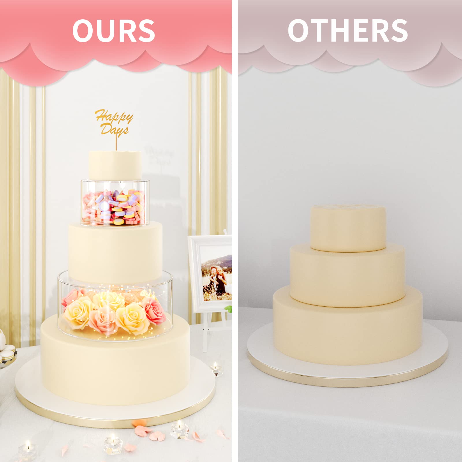 NPPLUS 2PCS Acrylic Fillable Cake Stand Cake Riser Cake Tier, Round Cylinder Display Riser Display Box, Decorative Centerpiece for Wedding Birthday Party (12" Dx4 H inch, 8" Dx4 H inch)