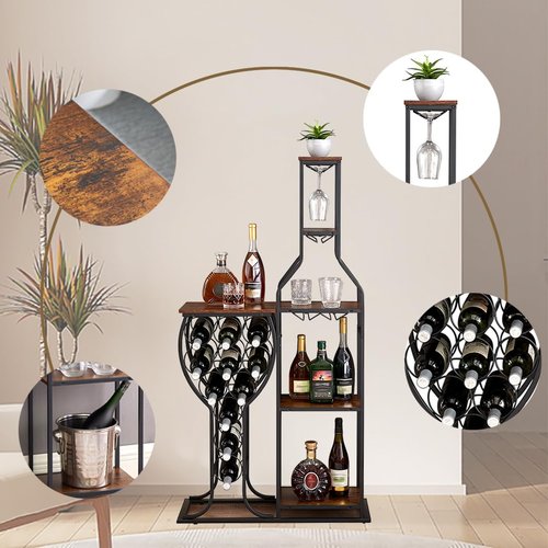 5-Tier Wine Rack Freestanding Floor, 11 Bottles Modern Wooden Wine Holder-Storage Cabinet for Home Bar, Kitchen, Dining Room Space Saving Bar Stand with Easy Assembly.(Brown)
