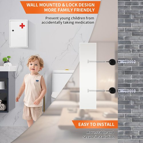 Ydocabinit Steel Wall-Mount Lockable Medical Cabinet, 2-Tier Medical Box with Key, Metal Storage Box, Medicine Organizer Secure Large Capacity, First Aid Cabinet for Bathroom School 12.59×8.46×3.14"