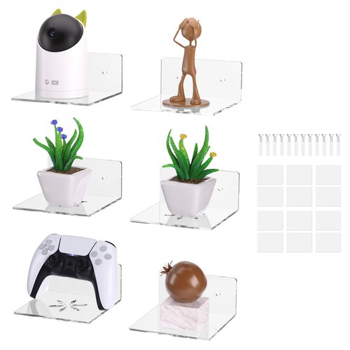 LUOBAO Acrylic Wall Shelves,Clear 6 inch Floating Shelves for Display,Echo,Cameras,Speaker,Router Wall Mounted Transparent Small Invisible Shelves with Adhesive Bedroom Bathroom Living Room