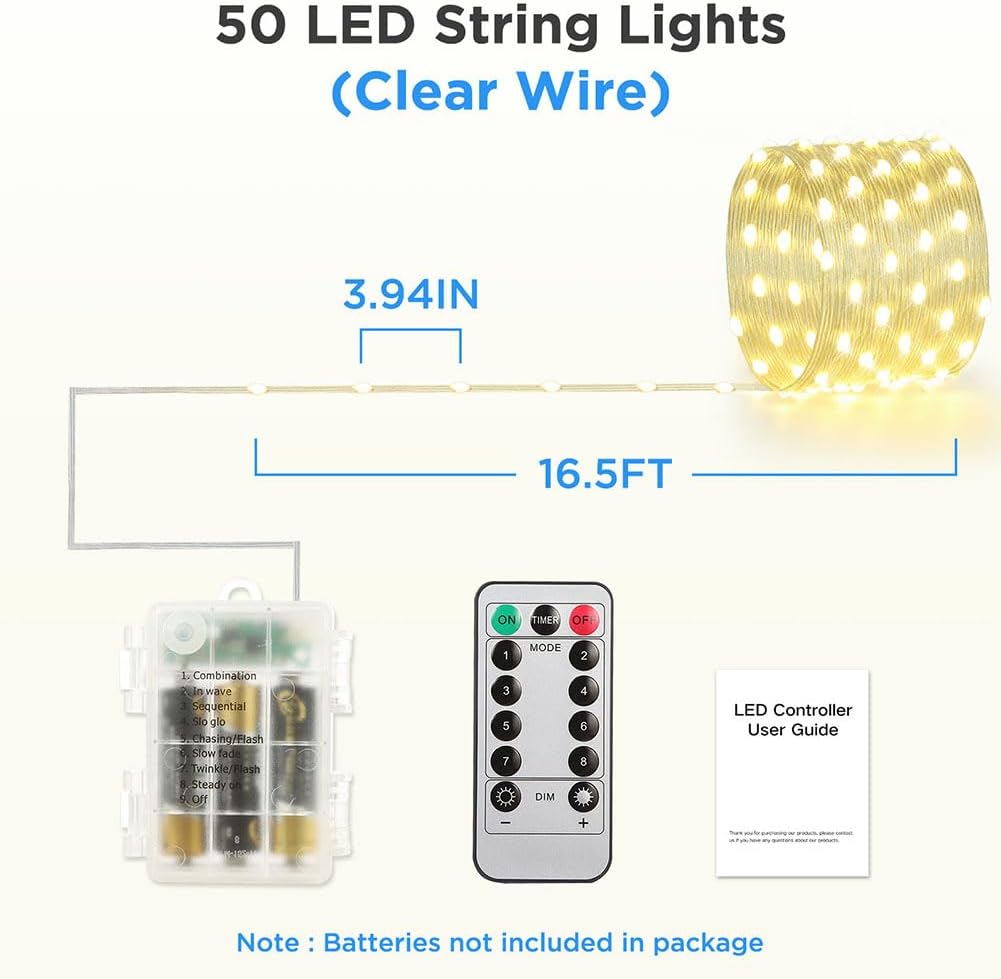 Skiennix 50 LED Battery Operated String Lights - 16.5ft Fairy Lights with Remote & Timer for Indoor/Outdoor Use - Warm White