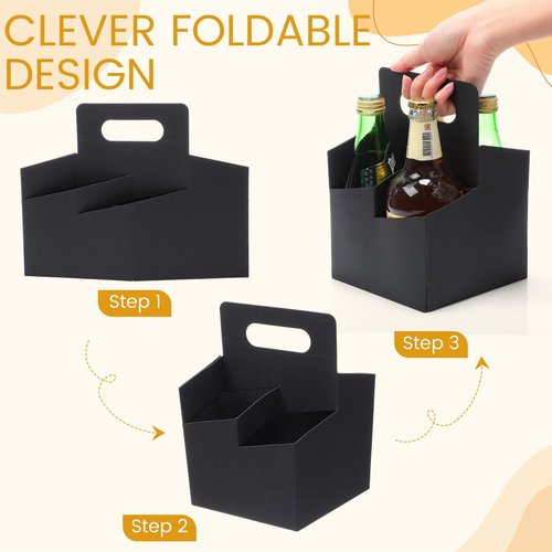 Jetec 100 Pcs 50 Pcs 4 Cup Drink Carrier with Handle, Kraft Paperboard Beer Carrier, Disposable Drink Holder for Hot or Cold Drinks, 12-16 oz Bottle Holder for Food Delivery Beverages (Black)