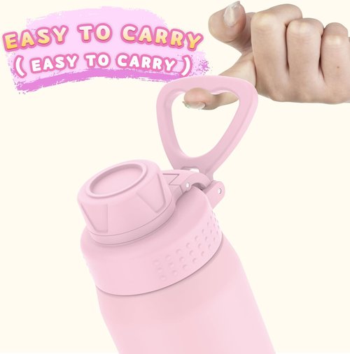 GOPPUS Kids Water Bottle - 15oz Stainless Steel Insulated, Leakproof & BPA Free - Pink for School