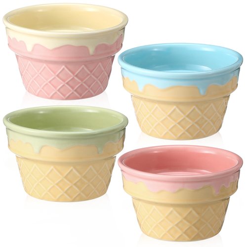 Honeydak 4 Pcs Ice Cream Ceramic Bowls 9 oz Waffle Ice Cream Cups Reusable Sundae Dessert Snack Containers for Summer Kid Adult Birthday Home Yogurt Soup Bar Christmas Party Supplies
