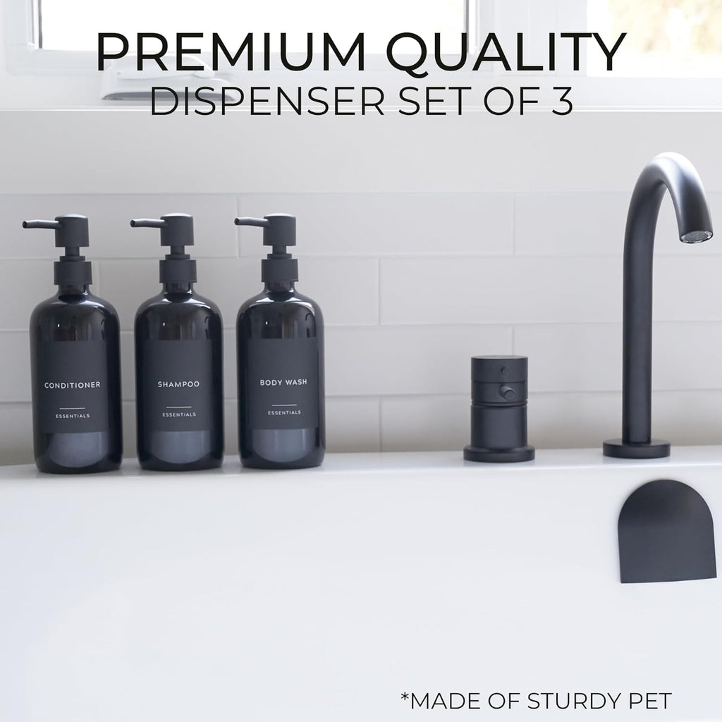 Stylish Shampoo & Conditioner Dispenser Set - Modern 21oz Pump Bottles with Labels | Easy Refill for Bathroom Decor - Black