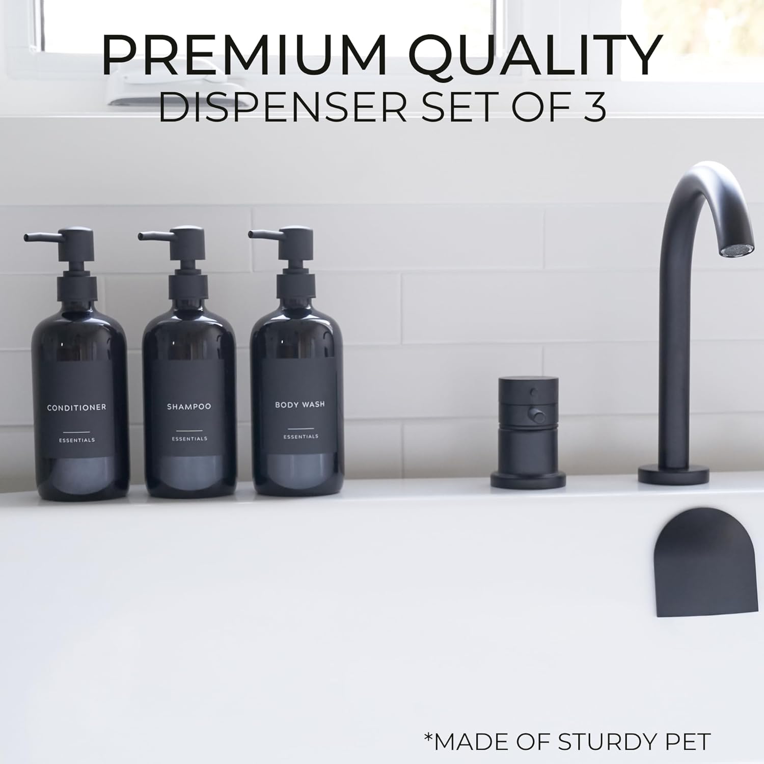Stylish Shampoo & Conditioner Dispenser Set - Modern 21oz Pump Bottles with Labels | Easy Refill for Bathroom Decor - Black