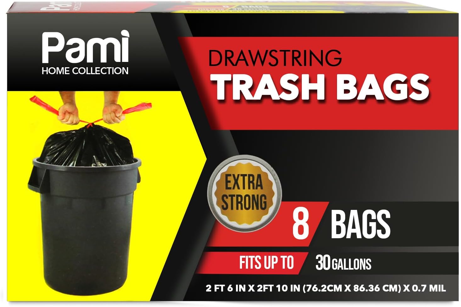 PAMI 30-Gallon Drawstring Trash Bags - Extra-Strong Black Garbage Liners | 8-Pack for Kitchen & Outdoor Use