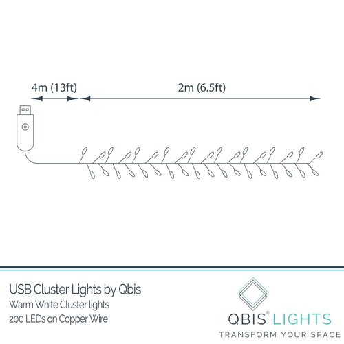 Qbis Warm White Cluster Lights on Thin Copper Wire, 200 Micro LED USB Plug in Christmas Fairy Lights, Timer, Multi Function, Memory, Brightness, Firecracker Light, Awesome bedroom or dorm lighting