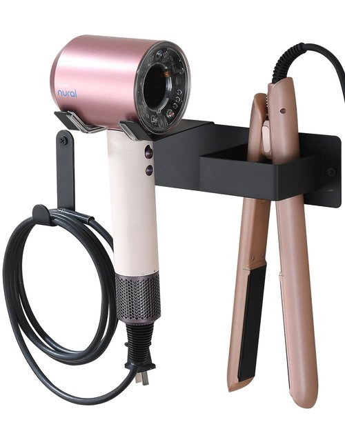 Hair Dryer Holder Wall Mounted, Hair Tool Organizer Wall Mount for Bathroom, Stainless Steel Hair Dryer Holder, Blow Dryer Holder Adhesive/Drilling Hair Dryer and Straightener Holder Black UEMUSI