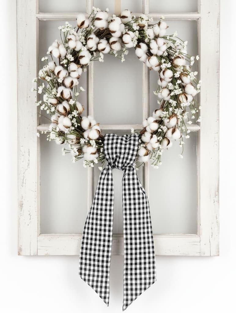 Skiennix Wreath Sash - Elegant Black White Checkered Plaid Bow Ribbon for Year-Round Home Decor (5.12" x 54.33")