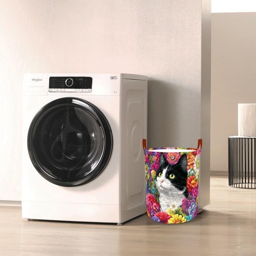 Laundry Baskets 15.7x19.7 Inch Large Cat Floral Garden Design Collapsible Laundry Hamper with Handles Oxford Fabric Clothes Storage Bin Foldable Dirty Clothes Organizer for Bedroom Bathroom Dorm