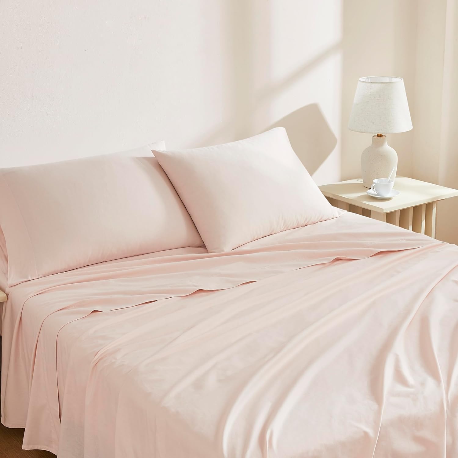 Linen Closet 100% Organic Cotton Twin Sheets Set, 3 Pieces, Light Pink - Percale Bed Sheets & Pillowcases Set - Up To 14" Deep Pocket Fitted Sheet - Cooling, Crisp & Breathable - For Hot Sleepers