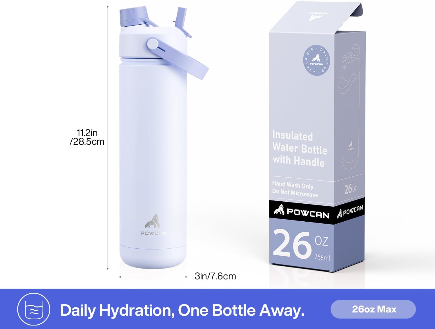 POWCAN 26 oz Insulated Water Bottle - 2-in-1 Straw & Spout Lid, Leak-Proof, Fits Car Cup Holder | Lupine Color