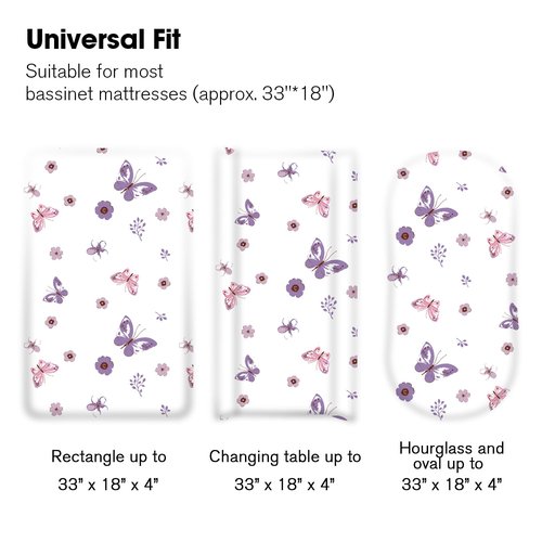 Little Grape Land Bassinet Sheets 4 Pack, 33" x 18" Fitted Bassinet Sheets Up to 4" Deep Pocket, Ultra Soft Baby Bassinet Fitted Sheets for Bassinet Mattress, Butterfly Bloom
