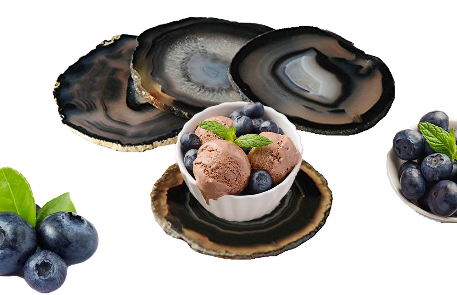 JIC Gem 3.5-4'' Natural Agate Coasters Dyed Black Sliced Geode Polished for Coffee Cup Home Decoration with Rubber Bumpers Home Decoration Set of 4