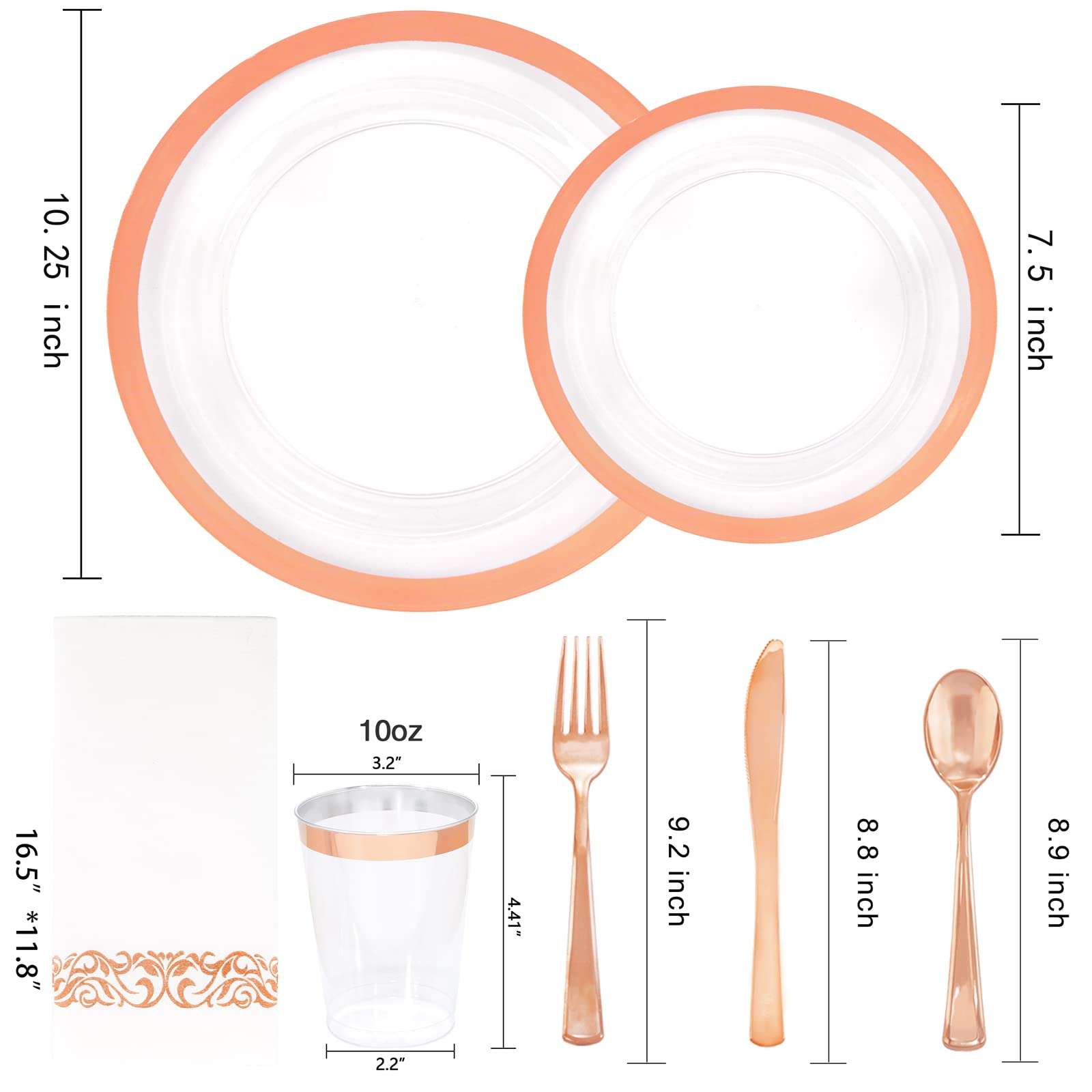 YOUBET 175PCS Rose Gold Plastic Plates - Clear Plastic Plates Disposable with Rose Gold Rim includes 50 Plates, 25Forks, 25Knives, 25Spoons, 25Cups, 25Napkins for Party & Wedding