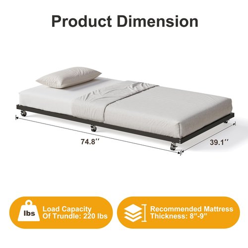 IDEALHOUSE Twin Size Metal Roll Out Trundle Bed Frame with Wheels and Slats Support, Black