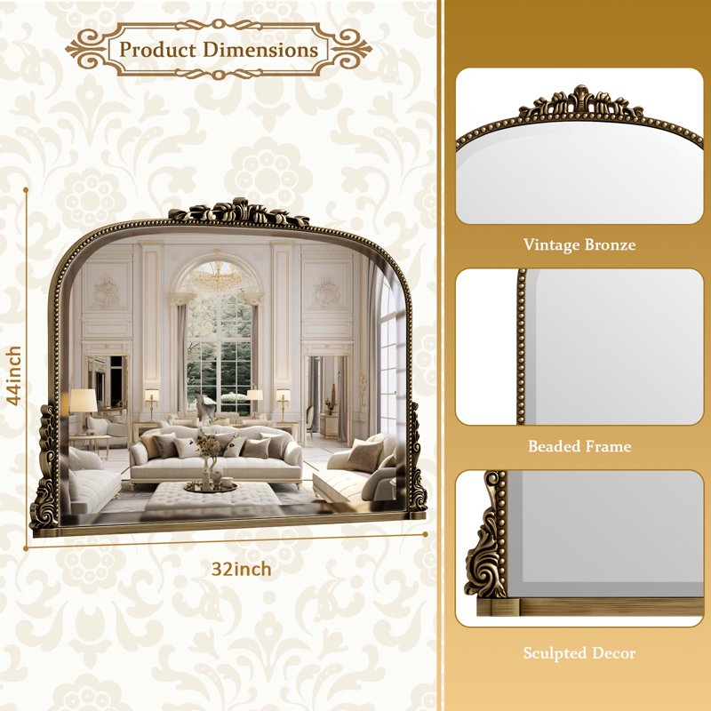 32x44 Antique Bronze Bathroom Mirror - Vintage Wall Arched Frame