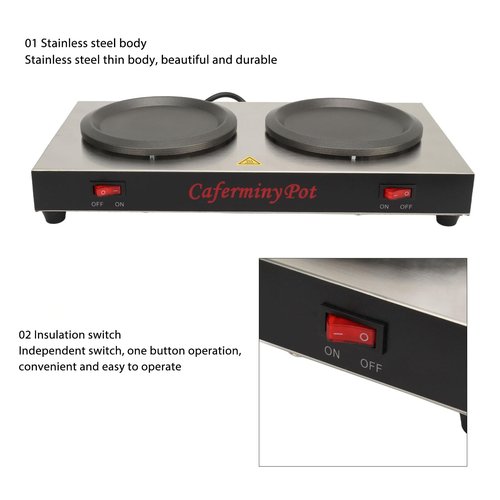Double Coffee Warmer, Portable Coffee Pot Warmer with Double Hot Plate, Stainless Steel Standard Decanter Warmer, for Cafe Break Room (US Plug AC110V 15A)