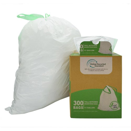 TYPLASTICS 300 Count 13 Gallon Tall Kitchen Drawstring Trash Bags, GRS Compliant, Eco-Friendly Recycled Material