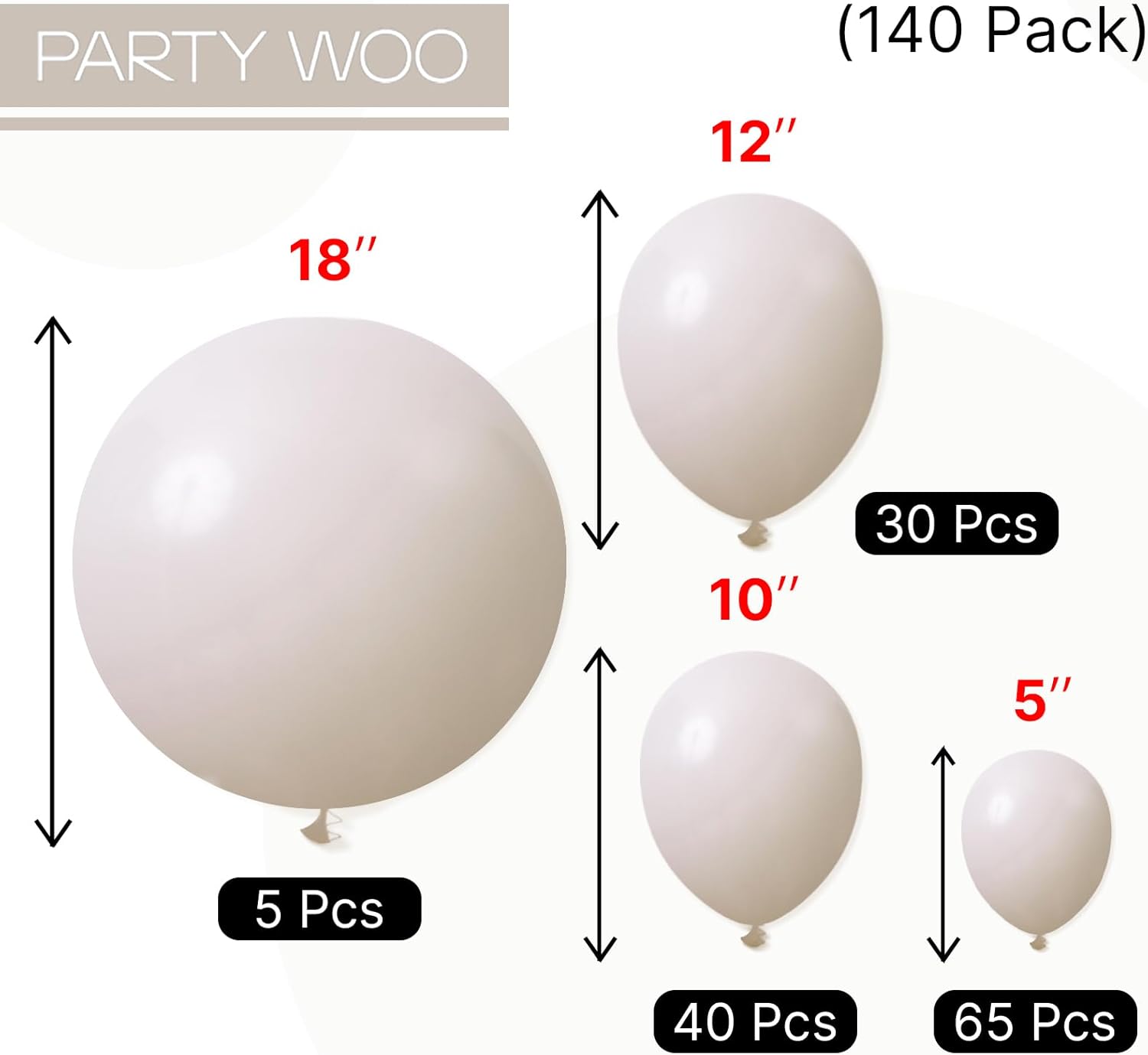 PartyWoo White Balloons - 140-Piece Arch Kit with 18", 12", 10", & 5" Sizes for Weddings & Events