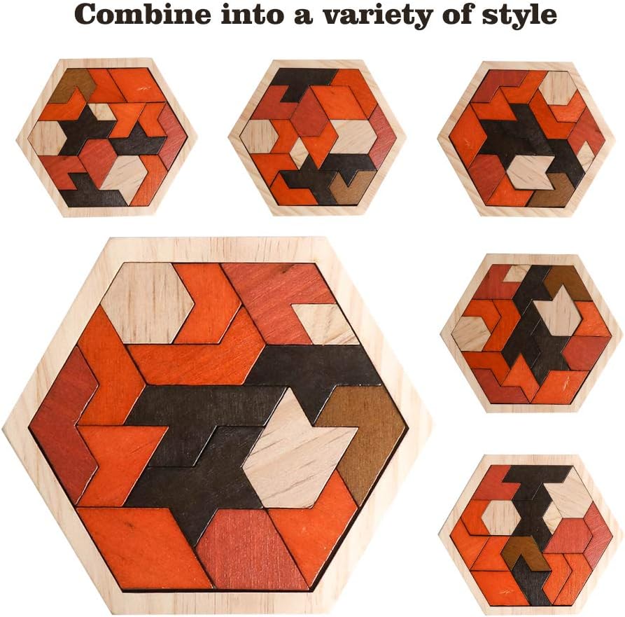 Skrtuan Wooden Hexagon Tangram Puzzle - Educational Brain Teaser for Kids & Adults | Portable Montessori Toy