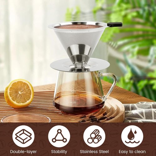 Pour Over Coffee Dripper With Cleaning Brush,Upgraded Double Micro Mesh Filter with Cup Stand,Stainless Steel Coffee Filter,Reusable Coffee Filter,Pour Over Coffee Maker(3-4cup)