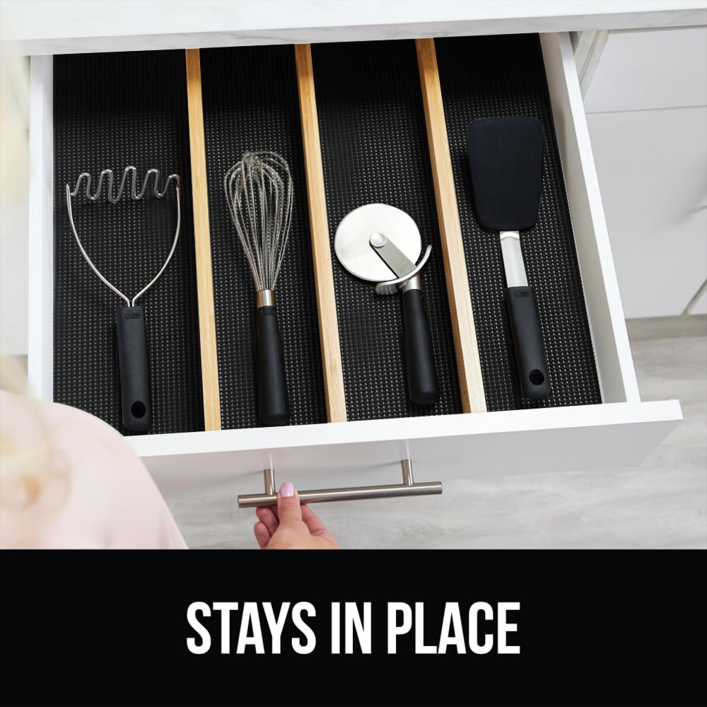 GORILLA GRIP powerGRIP Drawer Shelf and Cabinet Liner, Thick Strong Hold, Non-Adhesive Liners Protect Kitchen Cabinets and Cupboard, Bathroom Drawers, Easy Install, Breathable Mat, 12" x10', Black