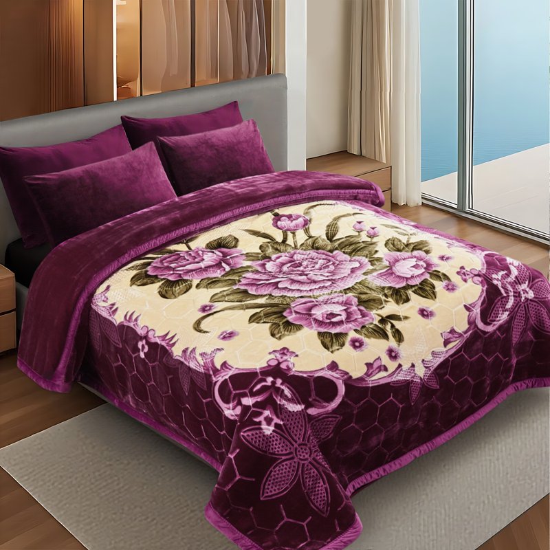 Heavy 10lbs Reversible King Size Plush Blanket - Warm Microfiber Bed Cover - Purple Flower AB Variation