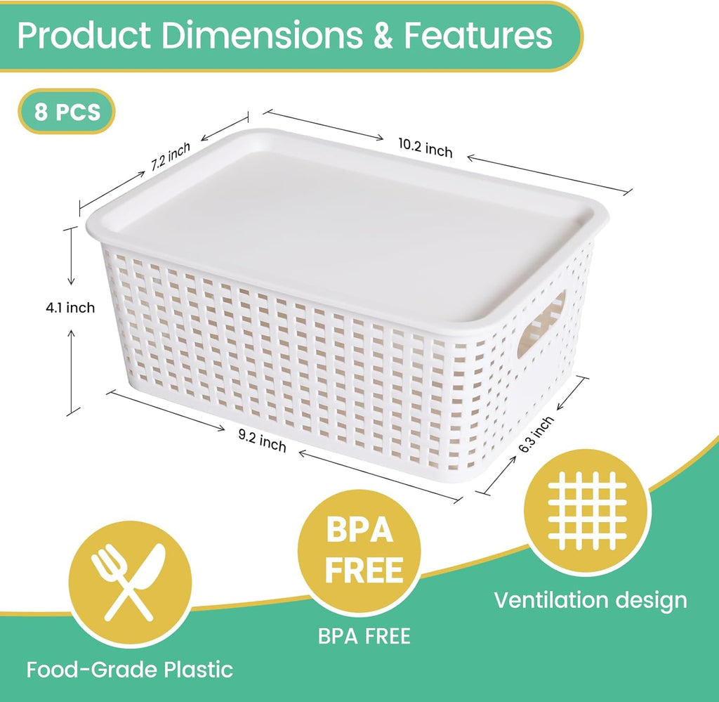 Skiennix Plastic Storage Baskets - Stackable Organizing Containers with Lids | 8 Pack - White, 10.2x7.2x4.1 Inch
