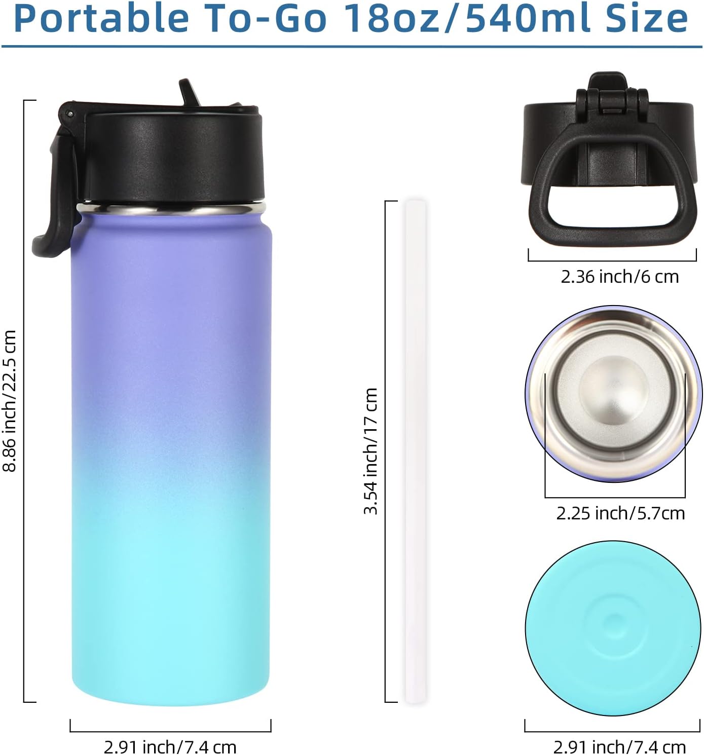 Volhoply 18oz Kids Insulated Water Bottle - Stainless Steel with Straw Lid | Double Wall Vacuum Flask (Purple Blue)
