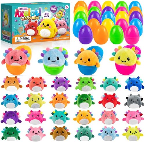 Axolotl Plush Toys | Easter Basket Stuffers - 24 Pack Prefilled Plastic Eggs for Kids' Gifts
