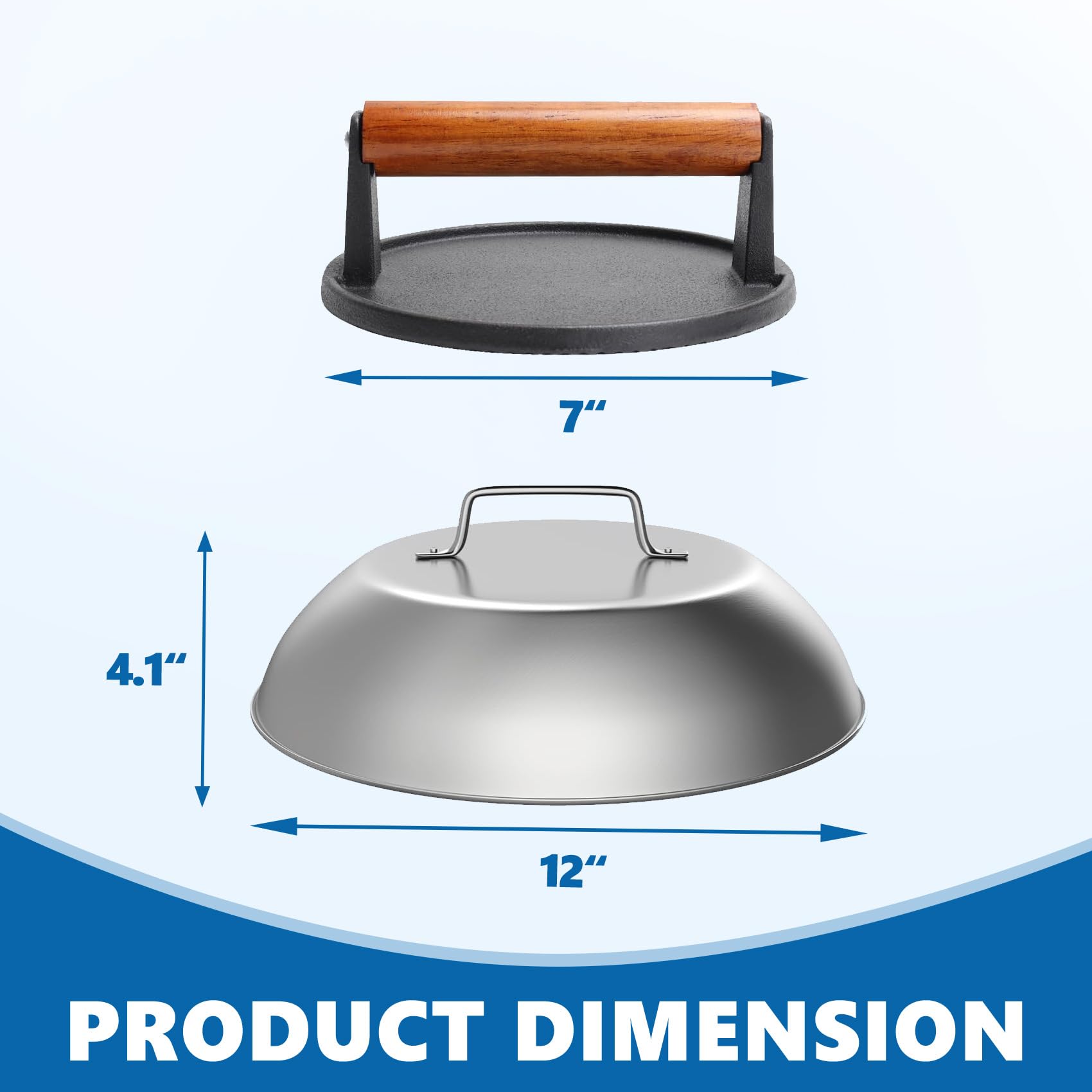 SafBbcue Round Cast Iron Smash Burger Grill Weight Press Tool & Griddle Steamer Melting Dome 12" Round Stainless Steel Basting Cover for Blackstone Griddle, Griddle Food Cover Dome for Flat Top Grills